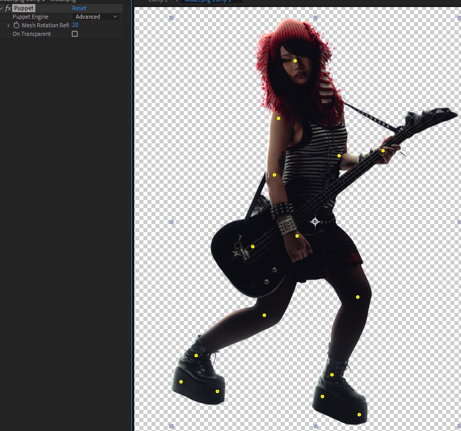 To animate the model, I used the puppet tool and placed a pin at each joint. After, I keyframed them to another pose.