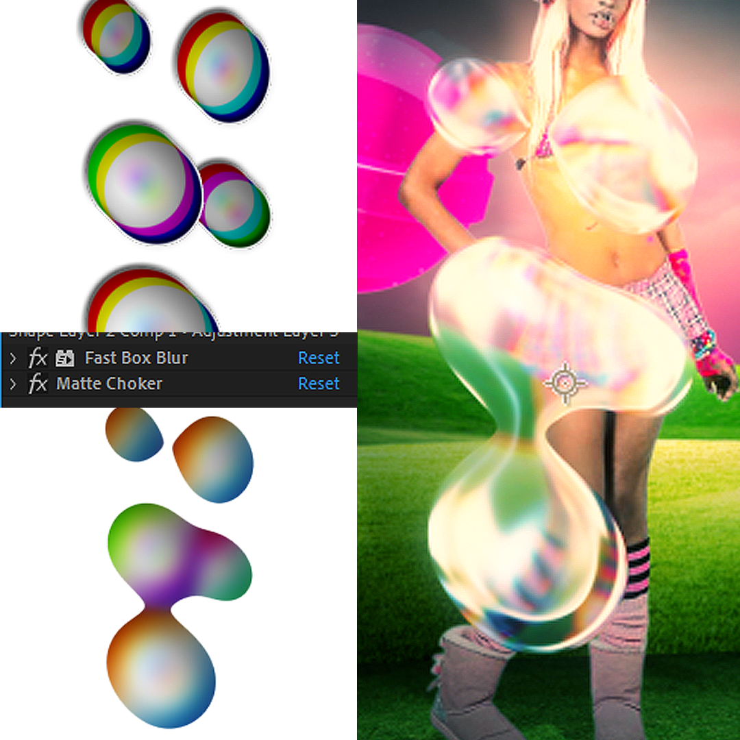 To create the bubbles, i used fast box blur and matte chocker to make the circles act as they join together.